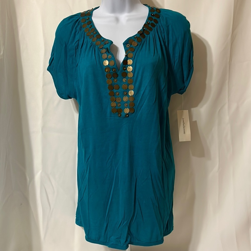 John Paul Richard Woman’s Medium Teal Short Sleeve Top Bronze Charm Accents